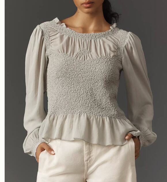 Anthropologie Tops - By Anthropologie Balloon-Sleeve Smocked Peplum Blouse Small Green Gray